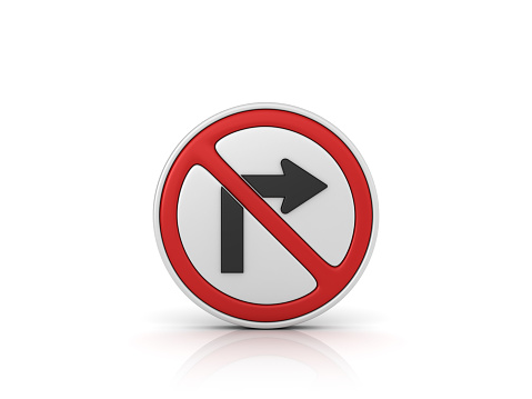 No Right Turn Road Sign - White Background - 3D Rendering