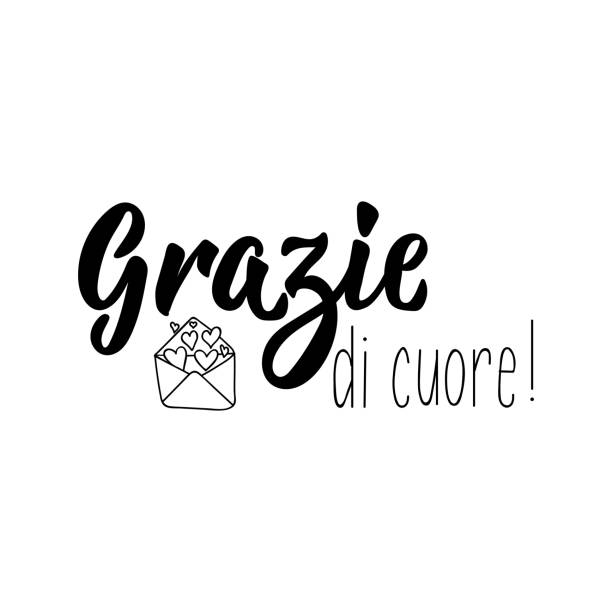 dziękuję kartkę z napisem. tłumaczenie z włoskiego - dziękuję bardzo. grazie di cuore. - mille grazie stock illustrations