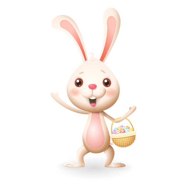 かわいいニット バスケットで飾られた卵とウサギを祝うイースター - 白い背景に分離 - animal brown cute easter点のイラスト素材／クリップアート素材／マンガ素材／アイコン素材