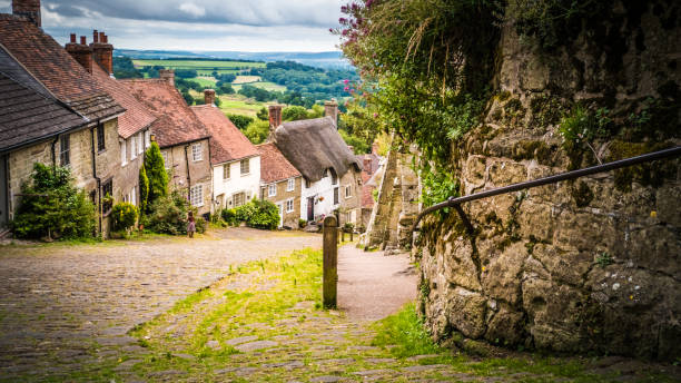 Gold Hill street view in Shaftesbury, UK with flowers Old limestone English houses at Gold Hill in Shaftesbury is an authentic place in the South of the UK. English countryside in Dorset. Photo with selective focus. shaftesbury england stock pictures, royalty-free photos & images