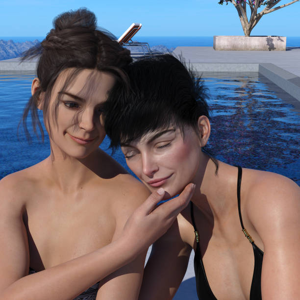 istock Two affectionate women in a pool in the late afternoon light. 1092343204