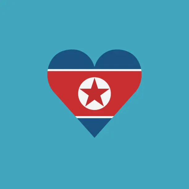 Vector illustration of North Korea flag icon in a heart shape in flat design