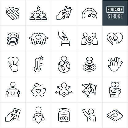 A set of fundraising icons related to charity and relief work. The icons have editable strokes or outlines when using the vector file format. The icons include donations, fundraisers, charity and relief work, giving, giving money, fundraising goals, money, philanthropy, donors, volunteers and other related icons.