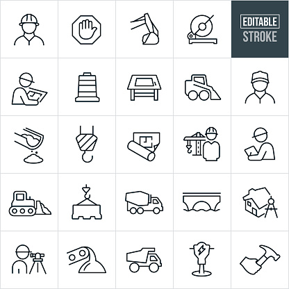 A set of construction icons that include editable strokes or outlines using the EPS vector file. The icons include construction workers, engineers, construction sign, excavator, electric saw, blueprint, blue collar worker, working, traffic cone, drawing table, skid steer, cement, construction crane, inspector, bulldozer, traffic barrier, cement truck, bridge, home, land surveyor, dump truck, jack hammer, and hammer to name a few.