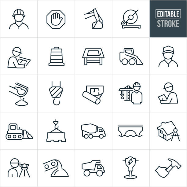 Construction Line Icons - Editable Stroke A set of construction icons that include editable strokes or outlines using the EPS vector file. The icons include construction workers, engineers, construction sign, excavator, electric saw, blueprint, blue collar worker, working, traffic cone, drawing table, skid steer, cement, construction crane, inspector, bulldozer, traffic barrier, cement truck, bridge, home, land surveyor, dump truck, jack hammer, and hammer to name a few. tower crane stock illustrations