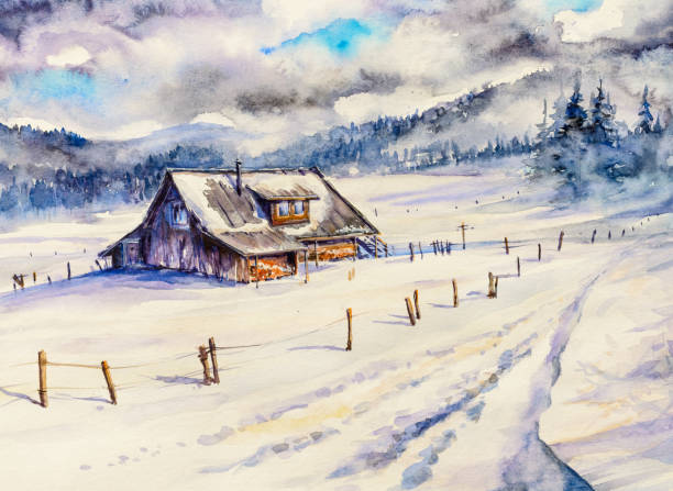 зимний пейзаж - chalet house snow switzerland stock illustrations