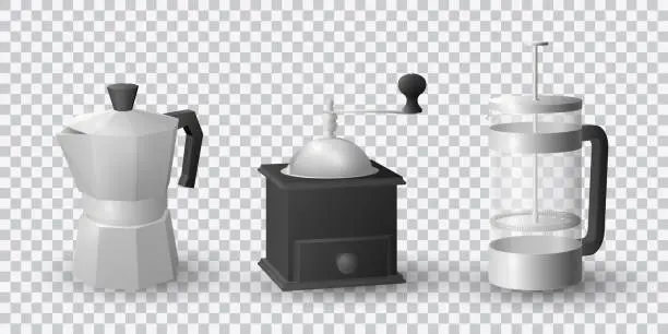 Vector illustration of Realistic vector set of beautiful italian aluminium coffee mocca kettle, french press coffee maker and a black vintage coffee grinder on transparent background.