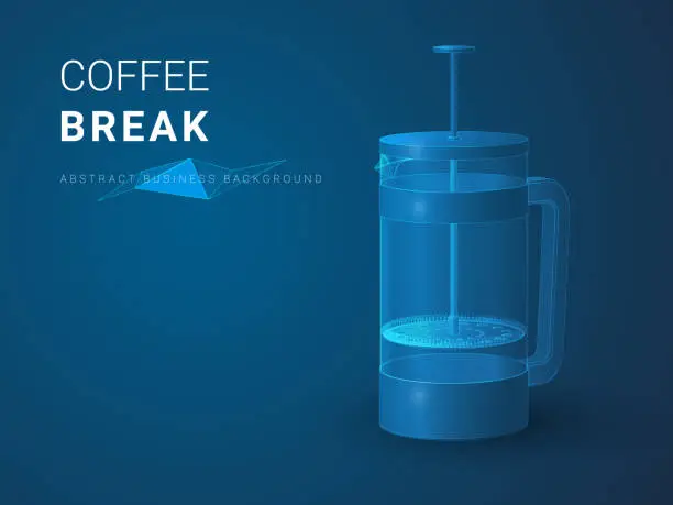 Vector illustration of Abstract modern business background vector depicting coffee break in shape of a french press pot on blue background.