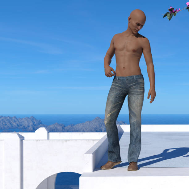 istock Illustration of a bald bare chested man wearing pants standing on a deck with blue sky, sea and islands in the background. 1092363948
