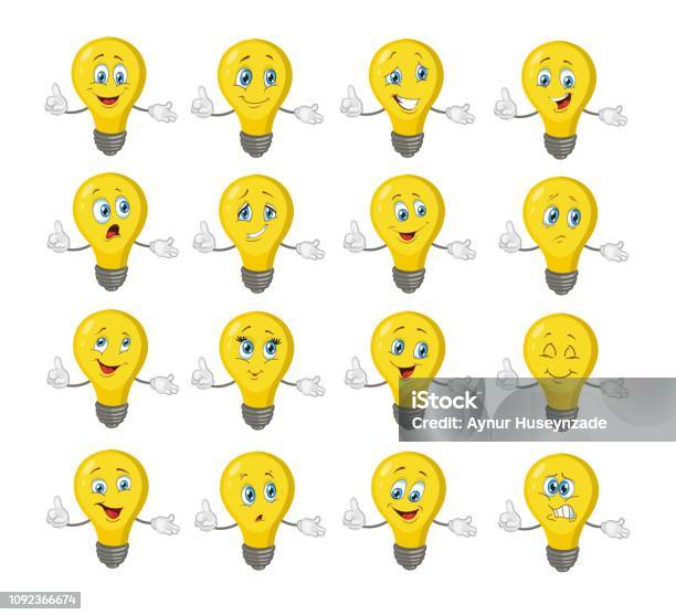 Characters Using Light Bulb Light Bulb Characters Set Cartoon Vector Illustration Stock ...