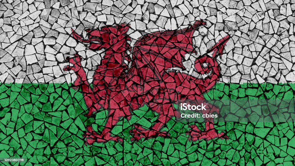 Mosaic Tiles Painting of Wales Flag Mosaic Tiles Painting of Wales Flag, Background Texture Welsh Flag Stock Photo