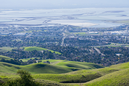 View towards Fremont and Tesla factory from the trail to Mission Peak, east San Francisco bay, California