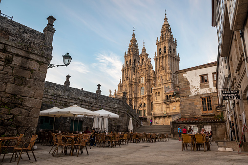 The Santiago de Compostela Cathedral rises above Obradoiro Square. The cathedral is the endpoint for people journeying on the Camino de Santiago. (July 12, 2018)