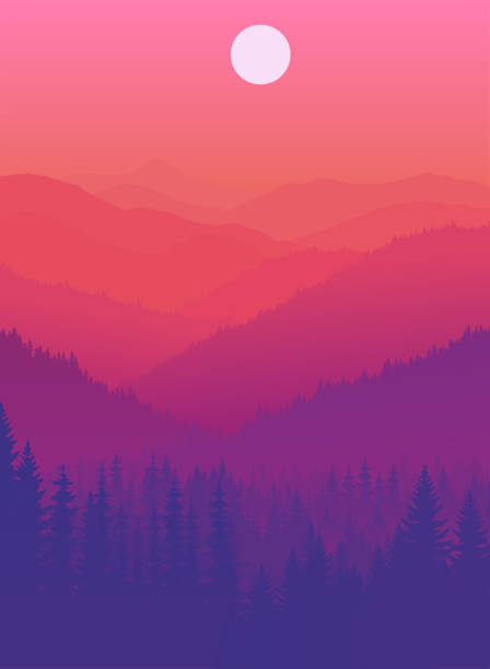 vector sunset in mountains forest vector sunset in mountains forest silhouette evergreen tree back lit pink stock illustrations