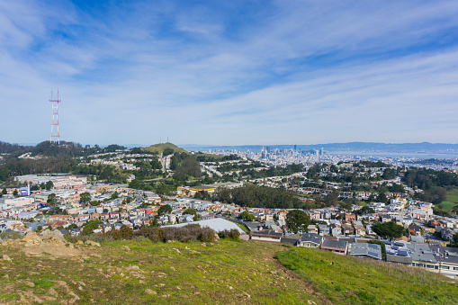 Panoramic view towards Sutro tower, Twin Peaks and downtown San Francisco from Mt Davidson, San Francisco, California