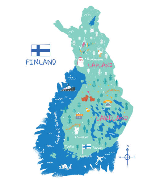 Map of Finland. National flag and symbols. Map of Finland funny travel destination concept. National flag and symbols. Vector illustration isolated on white background. map of helsinki finland stock illustrations