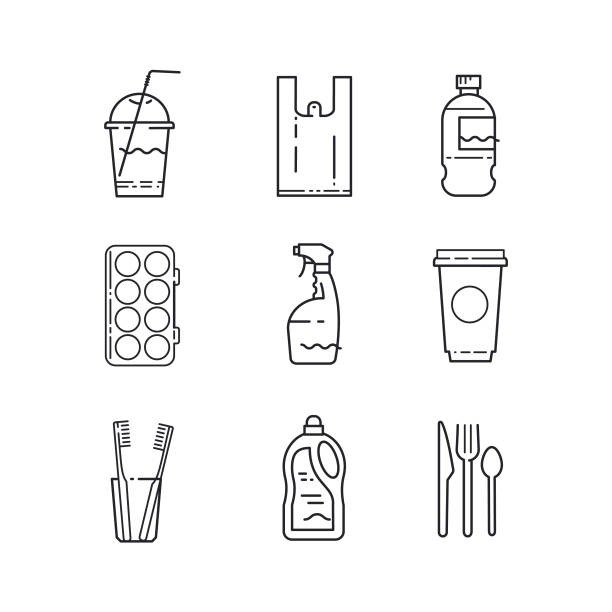 Plastic recycling items simple line icon set. Plastic recycling items simple line icon set. Packaging, cup, bag, container, bottle, brush, straw Stop plastic pollution green map of norway stock illustrations