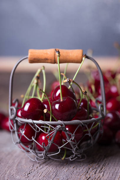 istock shot in vintage style - red cherry in a small basket
