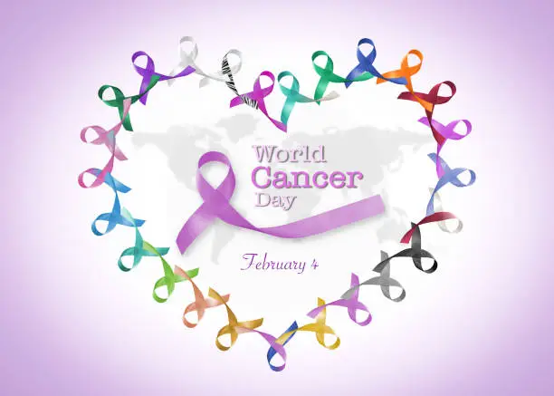 Photo of World cancer day February 4  in heart cycle of multi-color & lavender purple colour  ribbons
