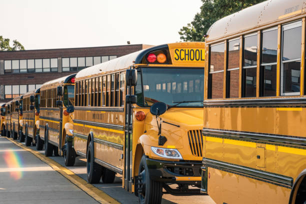 School buses lined up ready to pick up kids yellow buses lined up in front of school ready for first day empty school bus stock pictures, royalty-free photos & images