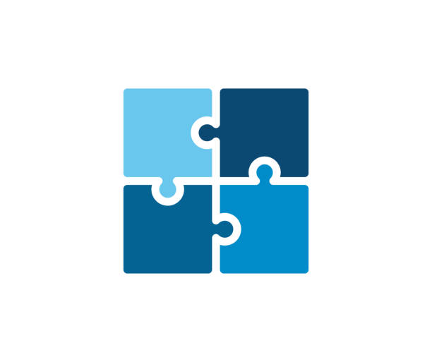 Trendy flat corporate blue puzzle icon. Vector illustration of four puzzle matching pieces for concepts of games, toys, business and start up strategies and solutions Vector eps10 puzzle stock illustrations