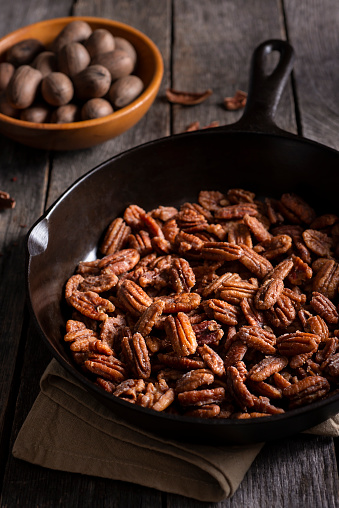 Fresh Glazed Pecans in a Cast Iron Skillet