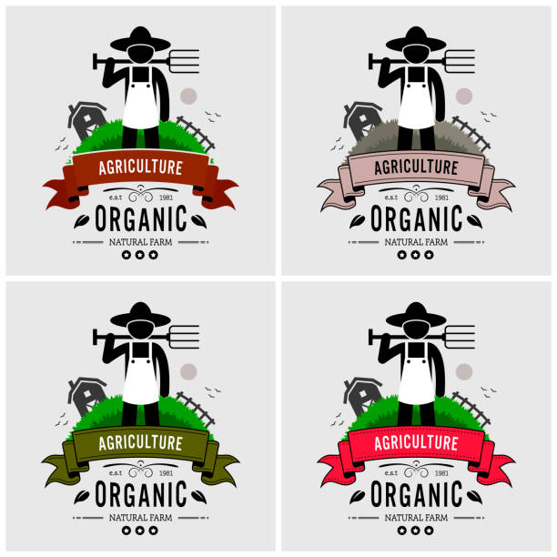 Farmer farming logo design. Vector artwork of a farmer posing in front of a crop field with barn house. Concept of organic farming and agricultural. farmer symbols stock illustrations