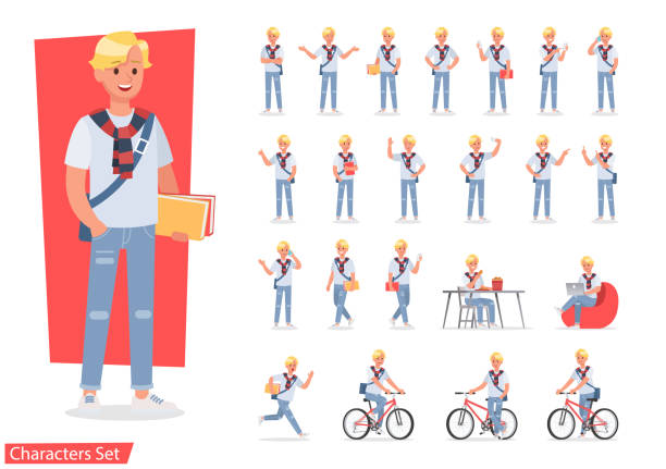 ilustrações de stock, clip art, desenhos animados e ícones de vector set of students young man character design. - student campus lifestyles university