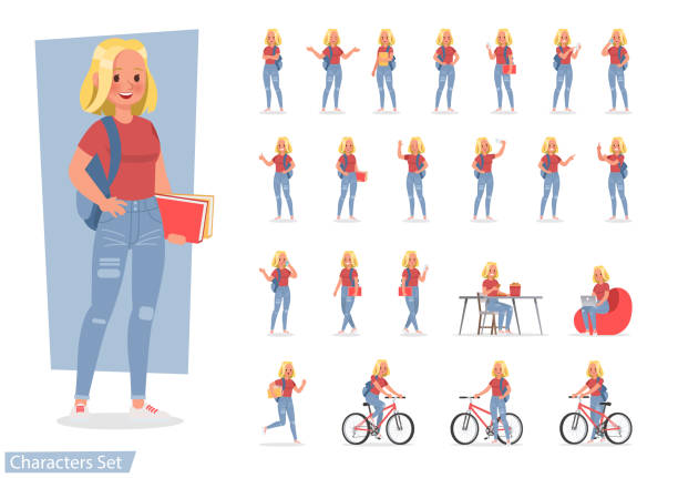 ilustrações de stock, clip art, desenhos animados e ícones de vector set of students young woman character design. - student campus lifestyles university