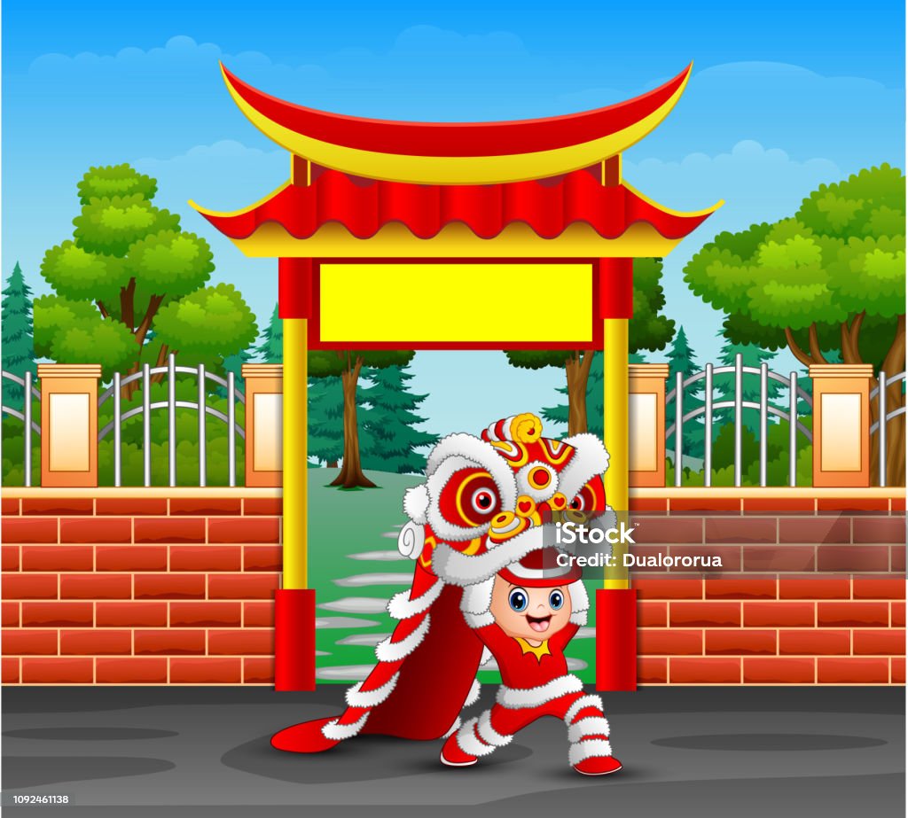 Cartoon of kid playing chinese dragon dance Building Entrance stock vector