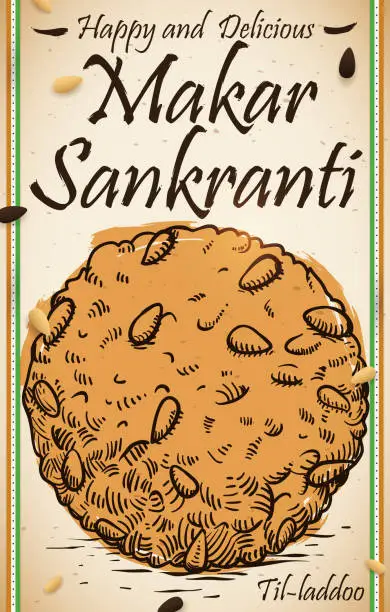 Vector illustration of Delicious Til Laddu Draw with Sesame Seeds for Makar Sankranti
