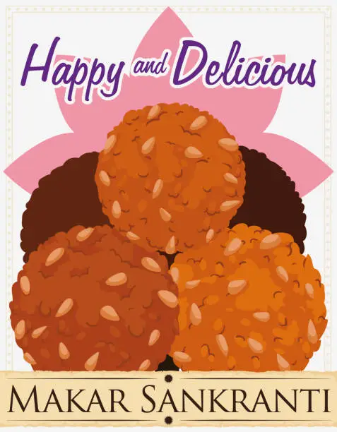 Vector illustration of Delicious Til Laddus and Greeting Scroll for Traditional Makar Sankranti