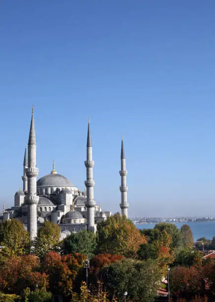 Suleymaniye Mosque and behind Bosphorus in Istanbul Turkey.