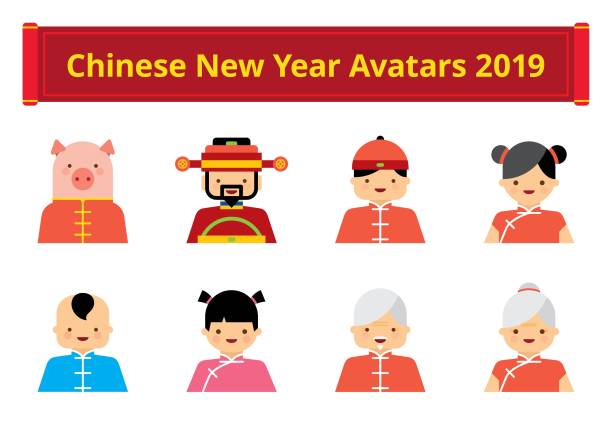 illustrazioni stock, clip art, cartoni animati e icone di tendenza di avatar di capodanno cinese piatti 2019 | serie di kalaful - chinese ethnicity god chinese new year luck