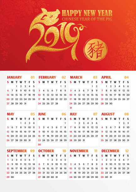 2019 year calendar with Chinese symbol of the year - pig vector art illustration