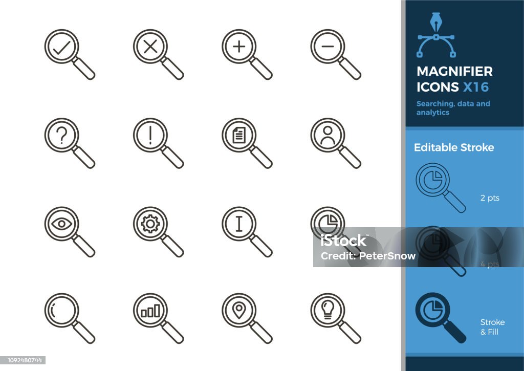 Conjunto de iconos de lupa. 16 ilustraciones vectoriales con diferentes elementos para la búsqueda de datos, análisis, negocios, finanzas y otros conceptos. Movimiento editable - arte vectorial de Lupa - Instrumento óptico libre de derechos