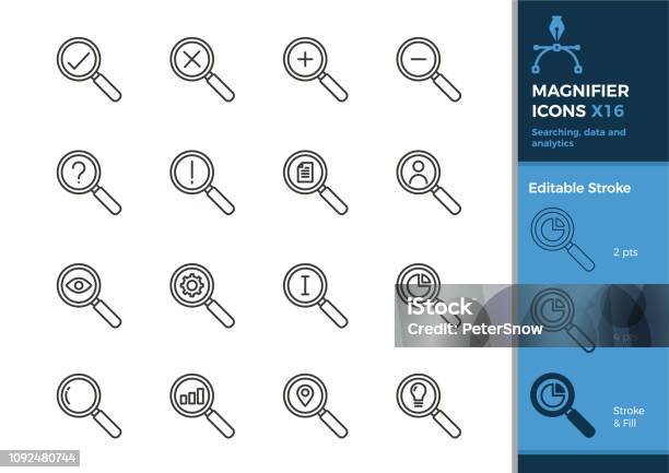 Ensemble Dicônes De La Loupe 16 Illustrations Vectorielles Avec Différents Éléments Pour La Recherche Données Analytique Affaires Finance Et Autres Concepts Accident Vasculaire Cérébral Modifiable Vecteurs libres de droits et plus d'images vectorielles de Loupe