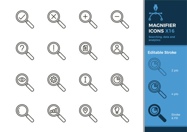 ilustrações de stock, clip art, desenhos animados e ícones de set of magnifier icons. 16 vector illustrations with different elements for searching, data, analytics, business, finance and other concepts. editable stroke - magnifying glass