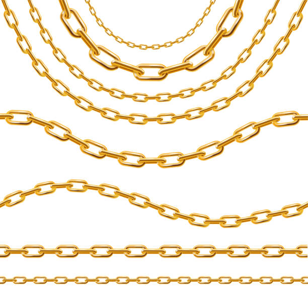 Realistic 3d Detailed Golden Chain Set. Vector Realistic 3d Detailed Golden Chain Set Luxury Style Border or Frame Lines Types. Vector illustration of Framework chain object stock illustrations