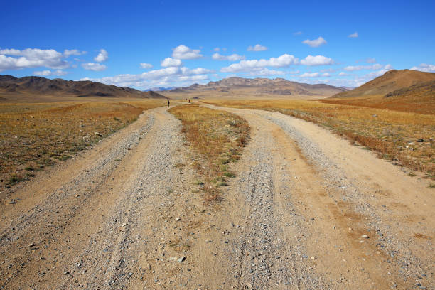 istock The rural road in the desert behind the mountain range at mongolia 1092486878