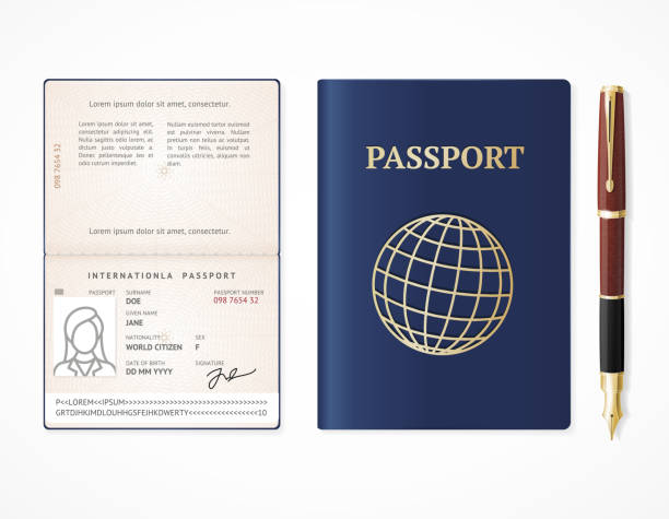 Realistic Detailed 3d International Passport Blank. Vector Realistic Detailed 3d International Passport Blank Empty Template Mockup and Fountain Pen Document for Travel. Vector illustration passport stock illustrations