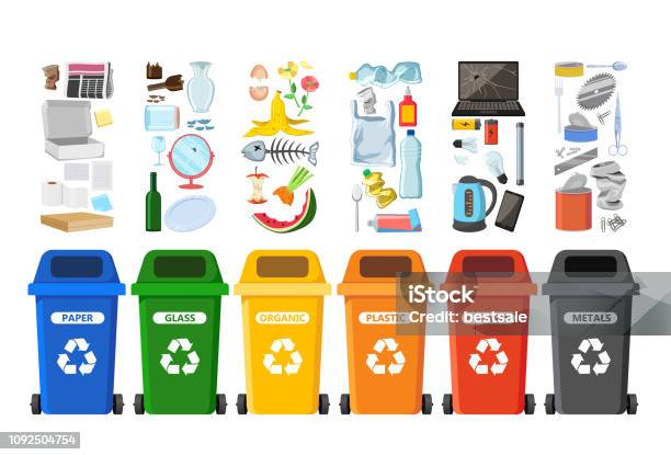 Ilustración de Cubos De Basura Para El Reciclaje De Diferentes Tipos De Residuos Contenedores De Basura Vector Infografía y más Vectores Libres de Derechos de Basura