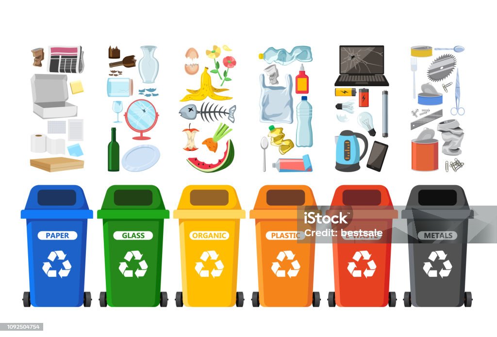 Vuilnisbakken voor recycling van verschillende soorten afval. Afval containers vector infographics - Royalty-free Recycling vectorkunst