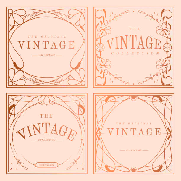 illustrazioni stock, clip art, cartoni animati e icone di tendenza di set vettoriale in stile liberty in oro rosa vintage - frame decoration flourishes art nouveau