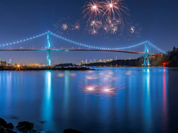 fantasy firework displays over Lions Gate Bridge,Vancouver