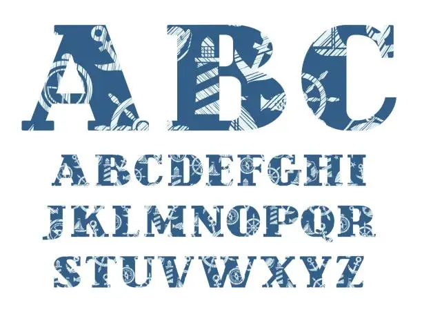 Vector illustration of English alphabet, sea font vector.