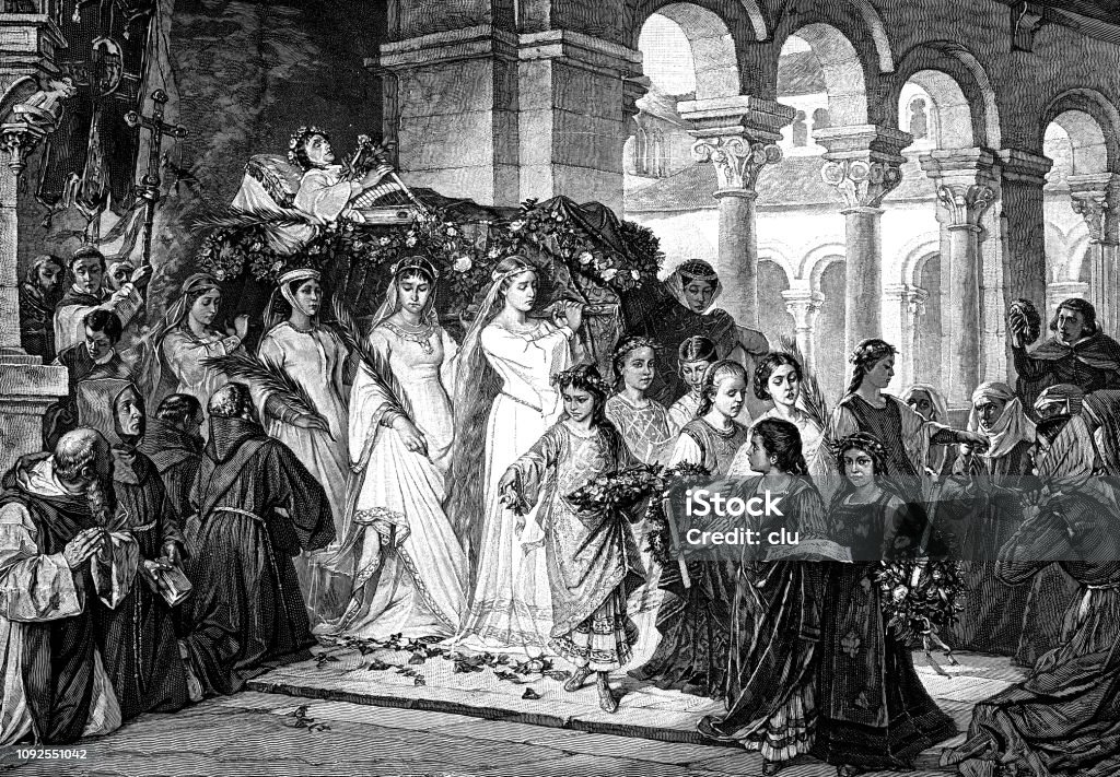 Funeral of Heinrich von Meißen, praise of women, Frauenlob Illustration from 19th century 19th Century stock illustration