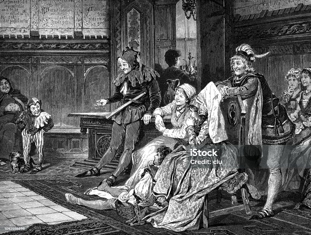 Performance of the fools in the castle hall Illustration from 19th century 19th Century stock illustration