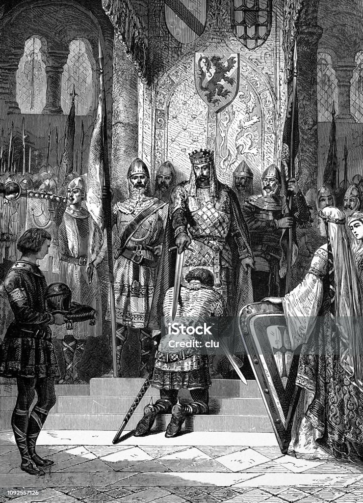 The knightly accolade in the Middle Ages Illustration from 19th century 19th Century stock illustration