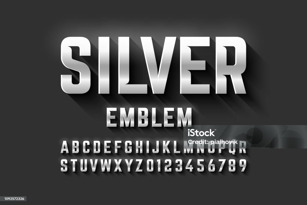 Silver emblem style font Silver emblem style font, metallic alphabet letters and numbers vector illustration Typescript stock vector